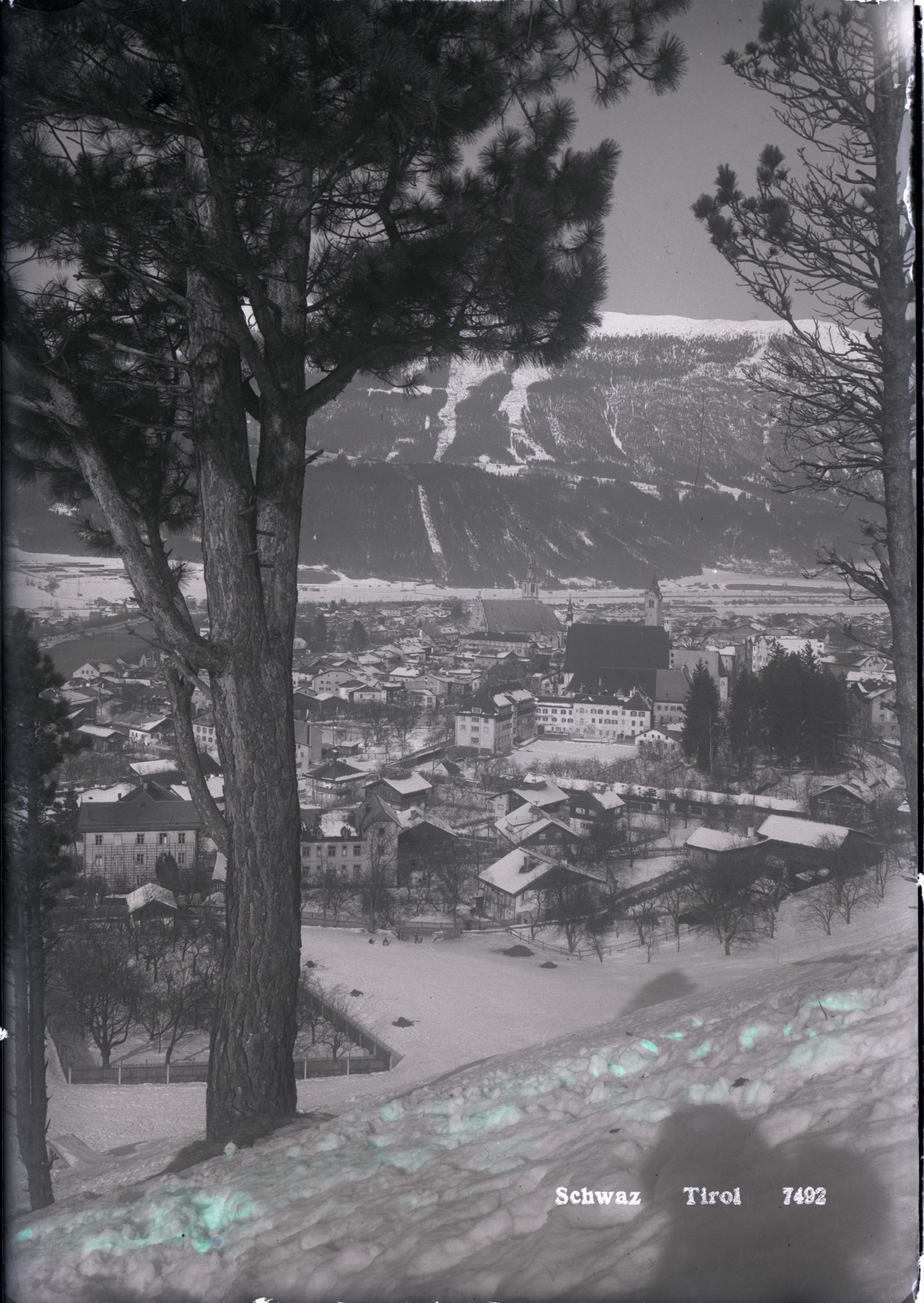 Schwaz mit Baum links im Vordergrund