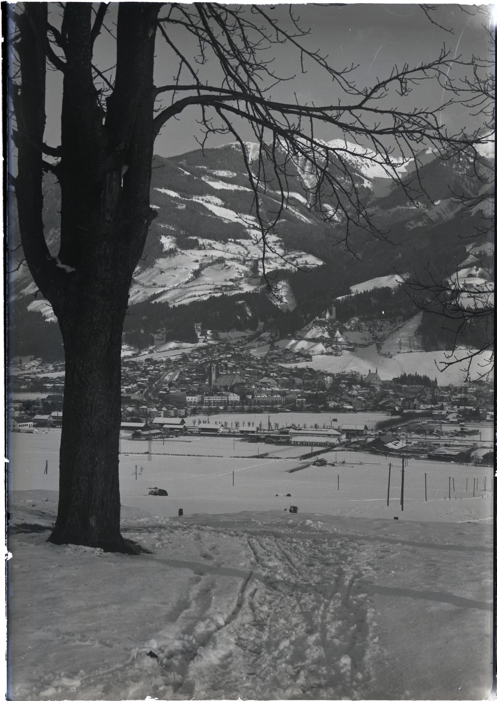 Schwaz, Winteransicht mit Baum