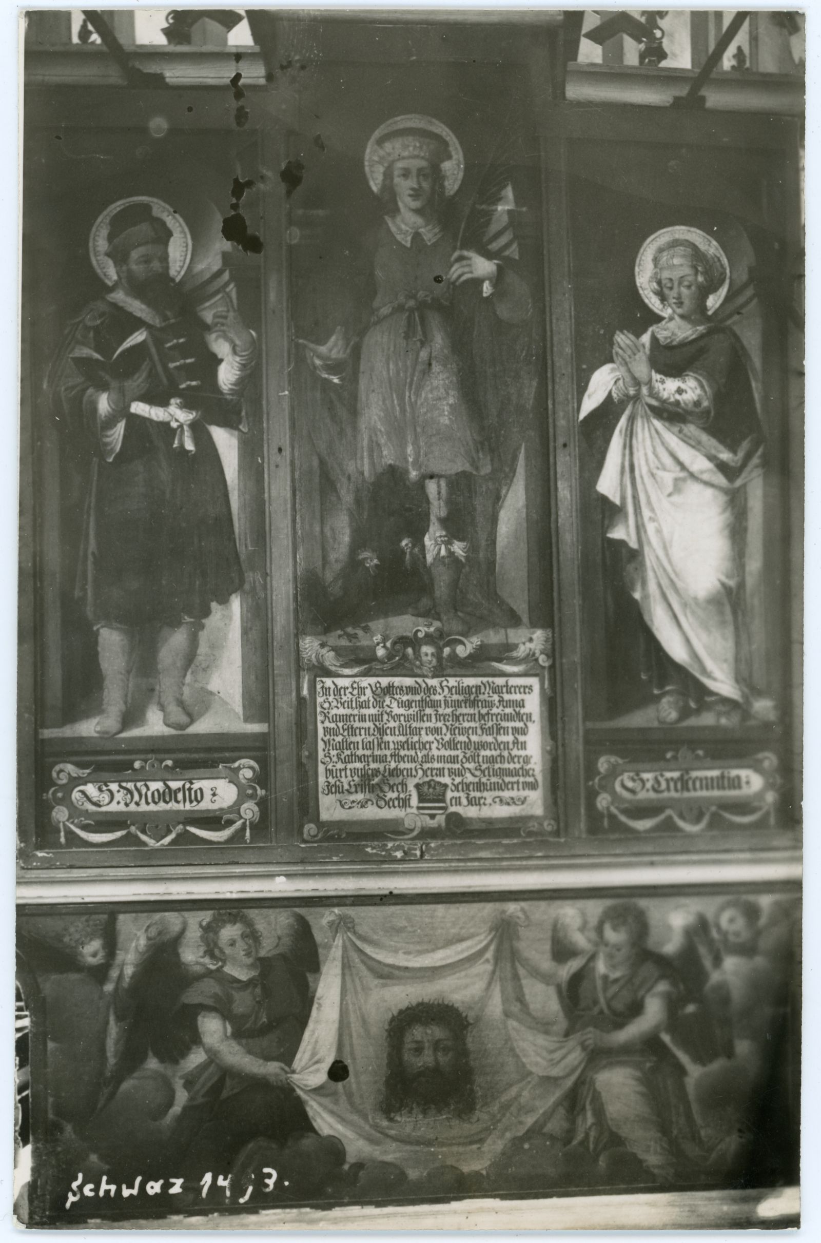 Altarrückseite, Schwaz. Altar der oberen totenkapelle St. Veit. Gemälde von: Michael Polhmer (?), 1606