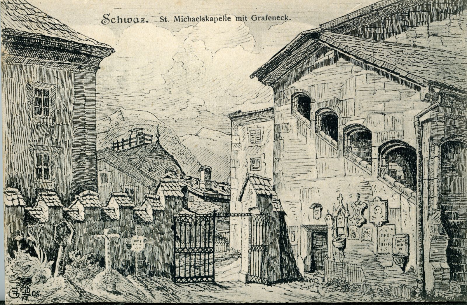 Schwaz, St. Michaelskapelle mit Grafeneck, Verlag Karl Zöhrer, Schwaz. Zeichnung