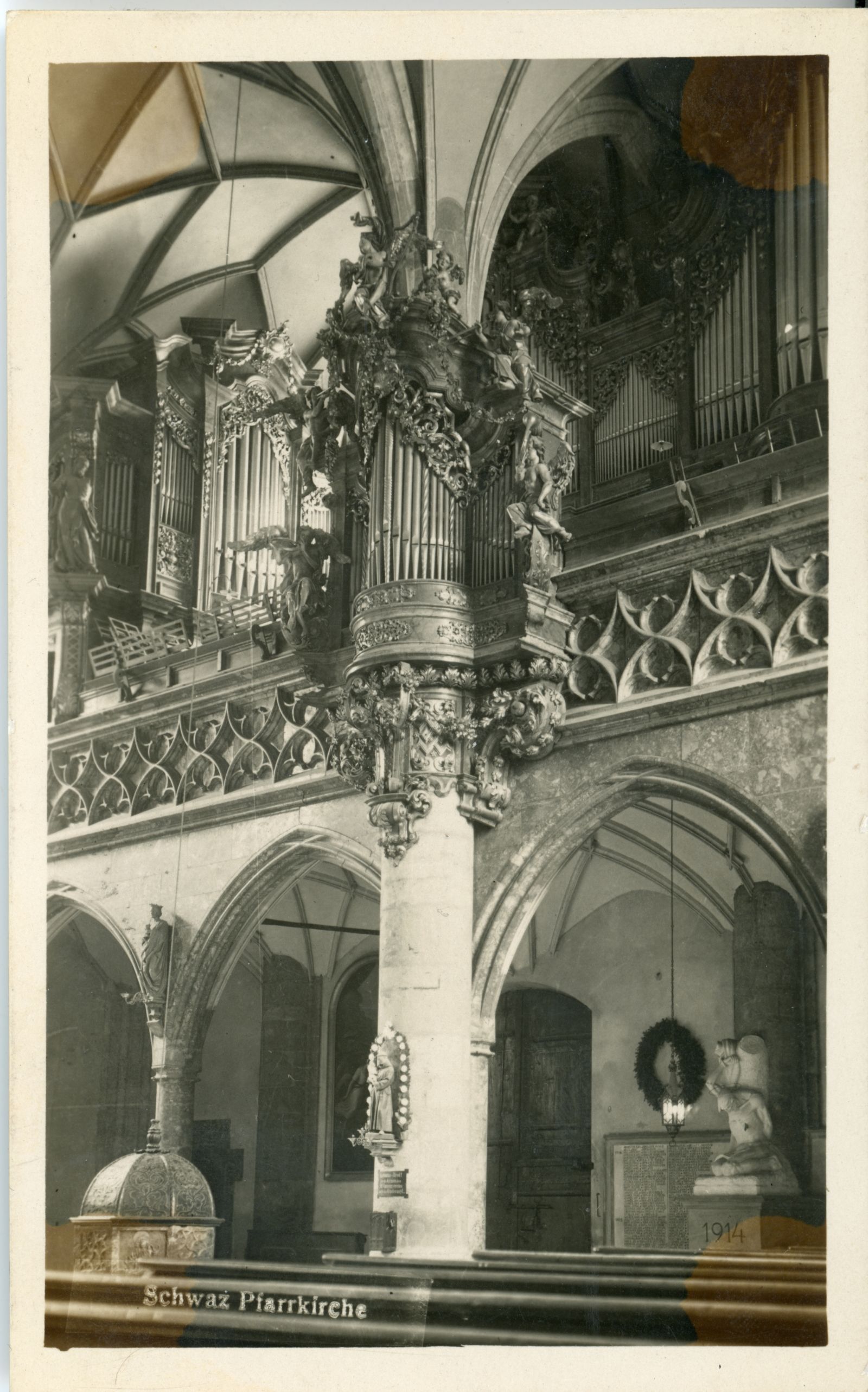 Schwaz, Pfarrkirche, Postkarte an Herrn Anton Schrettl, Kundl, 1929