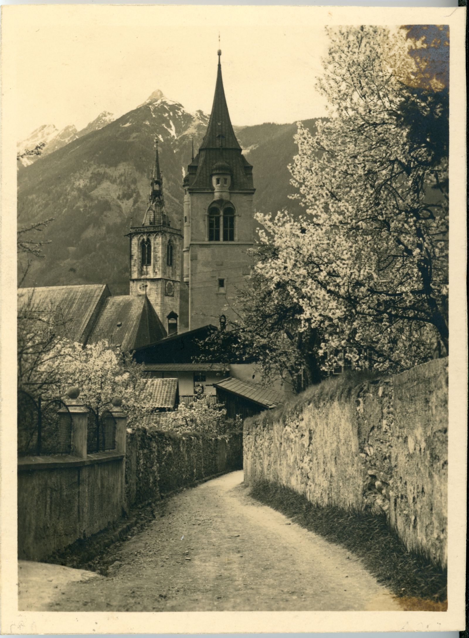 Martin-Winterstellergasse mit alter Mauer und blühenden Obstbäumen, im Hintergrund alter und neuer Glockenturm