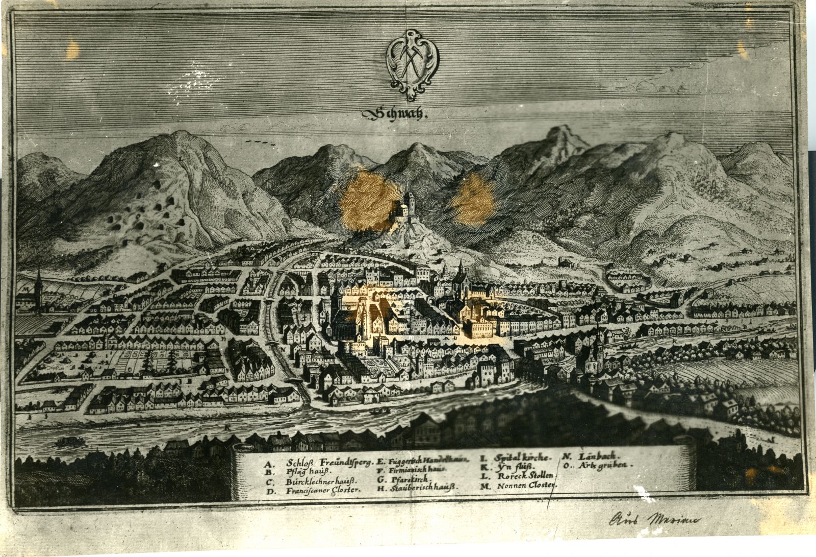 alte Ansicht von Schwaz 1630 aus Merian