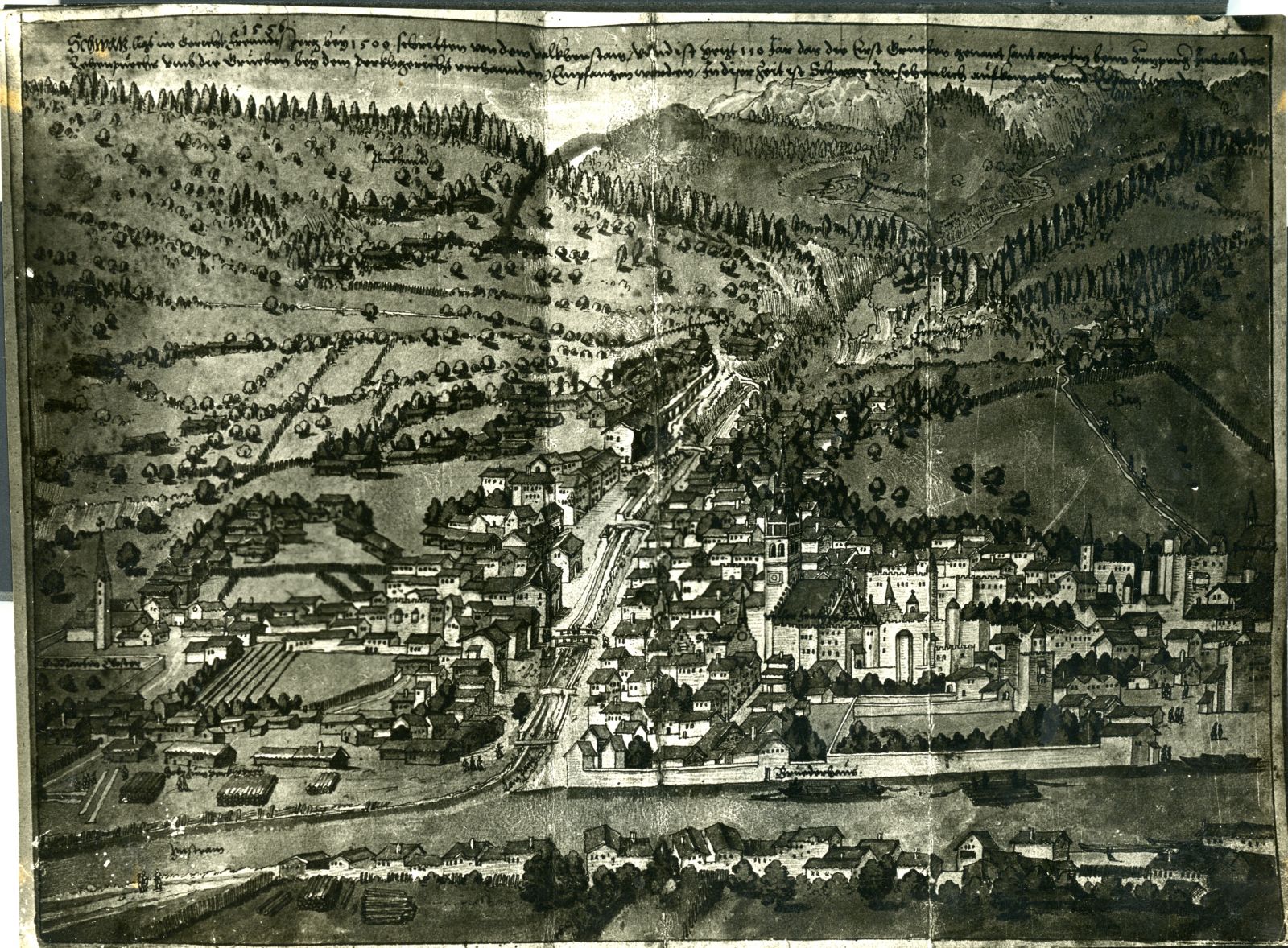 alte Ansicht von Schwaz 1556 aus Schwazer Bergbuch, Ostteil